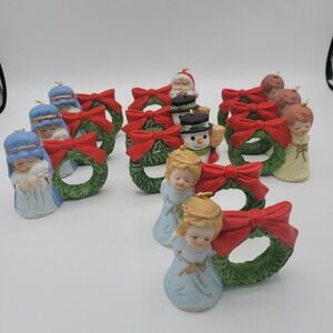 VTG Jasco Ceramic Bell Napkin Ring Angels Shepherds Snowman Santa 11 Pieces